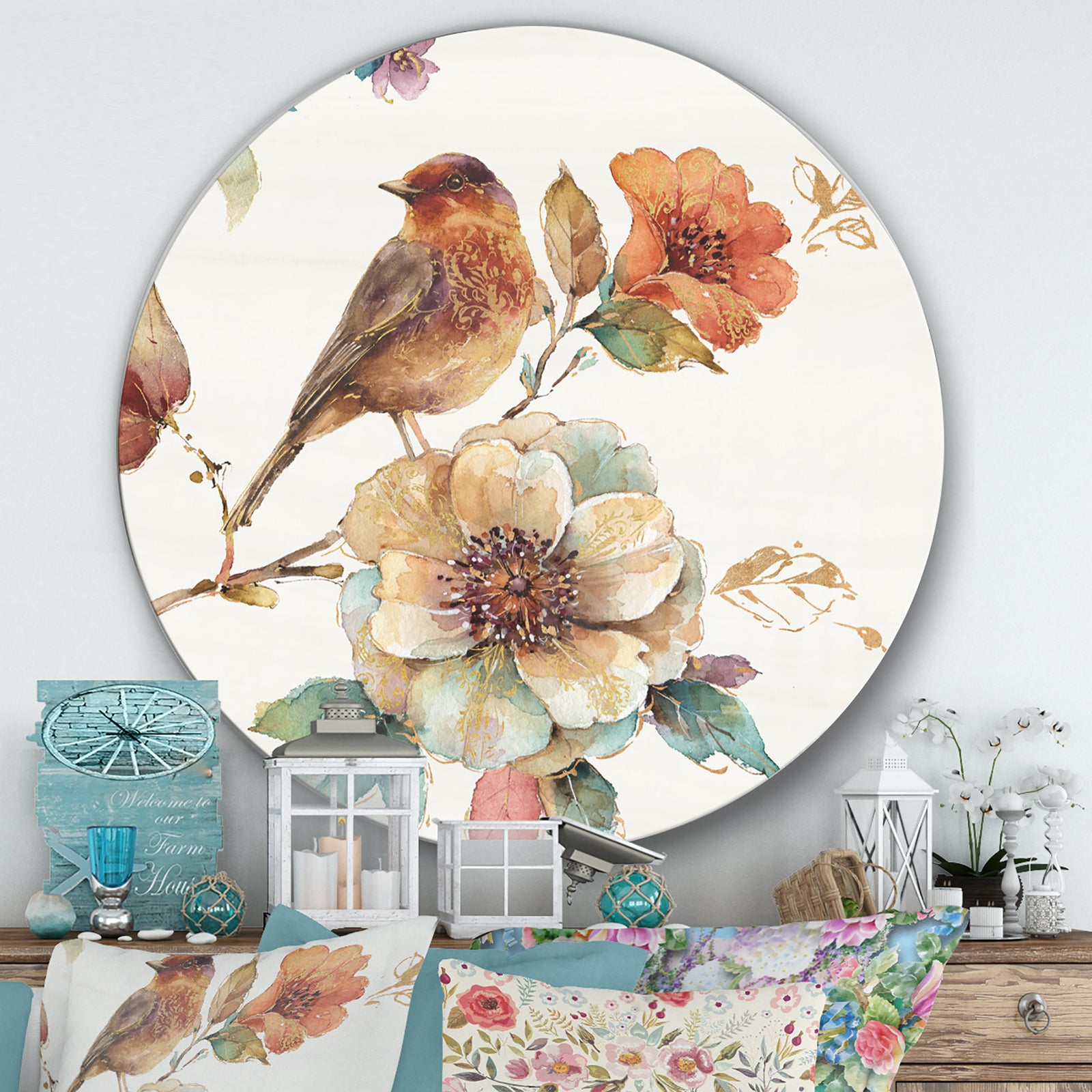 Farmhouse Bird on Flower Branch - Farmhouse Metal Circle Wall Art