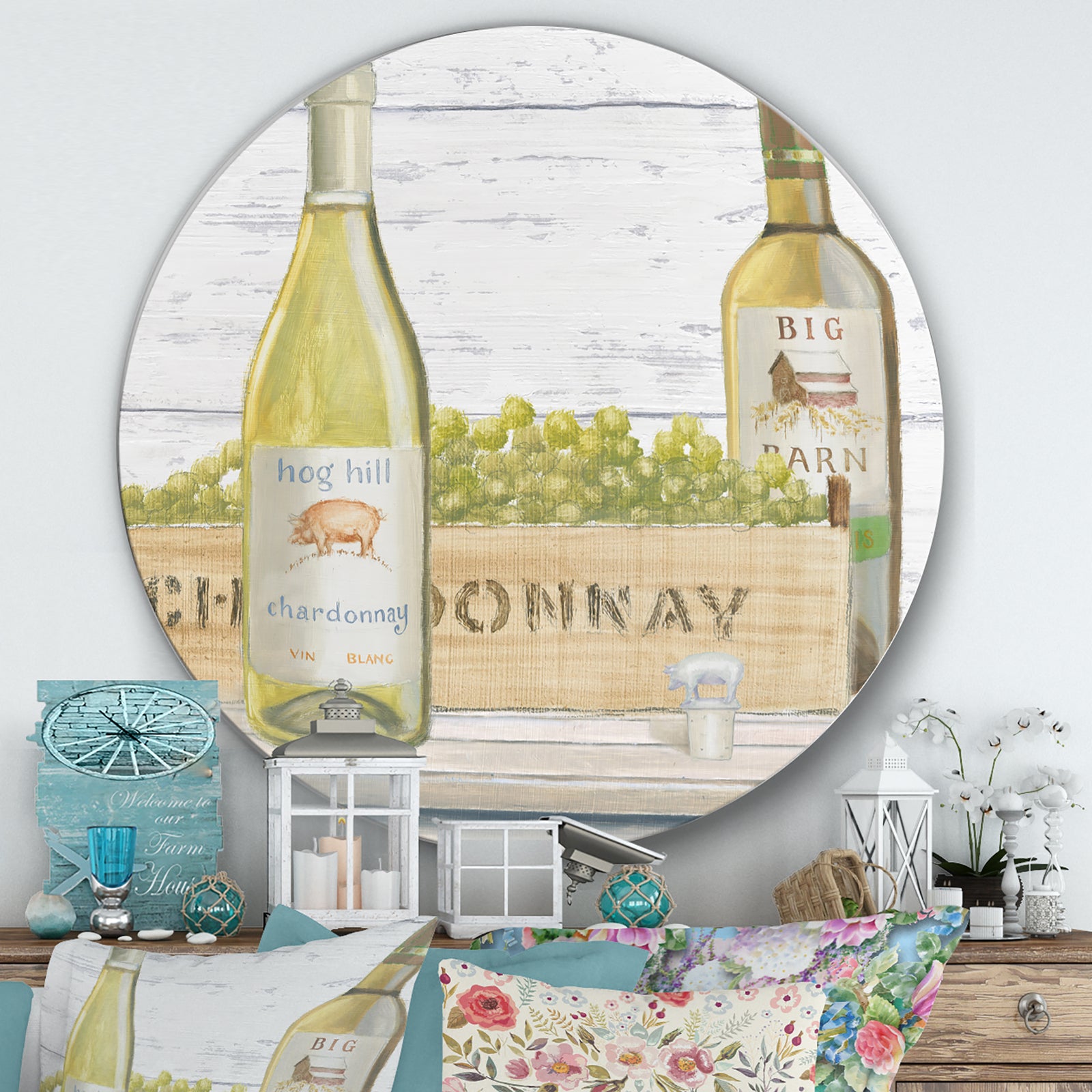 White Chardonnay Wine Bottles - Farmhouse Metal Circle Wall Art