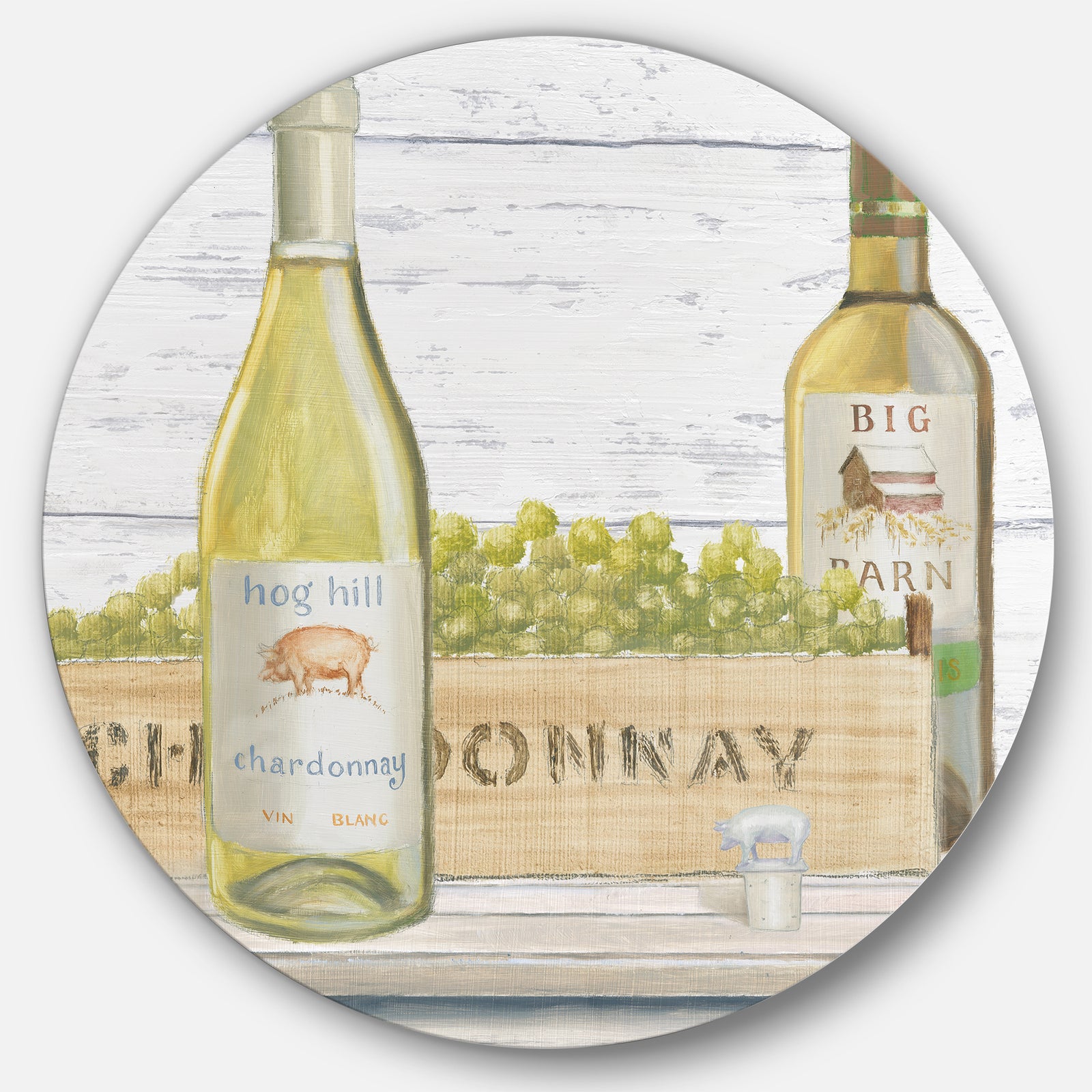 White Chardonnay Wine Bottles - Farmhouse Metal Circle Wall Art