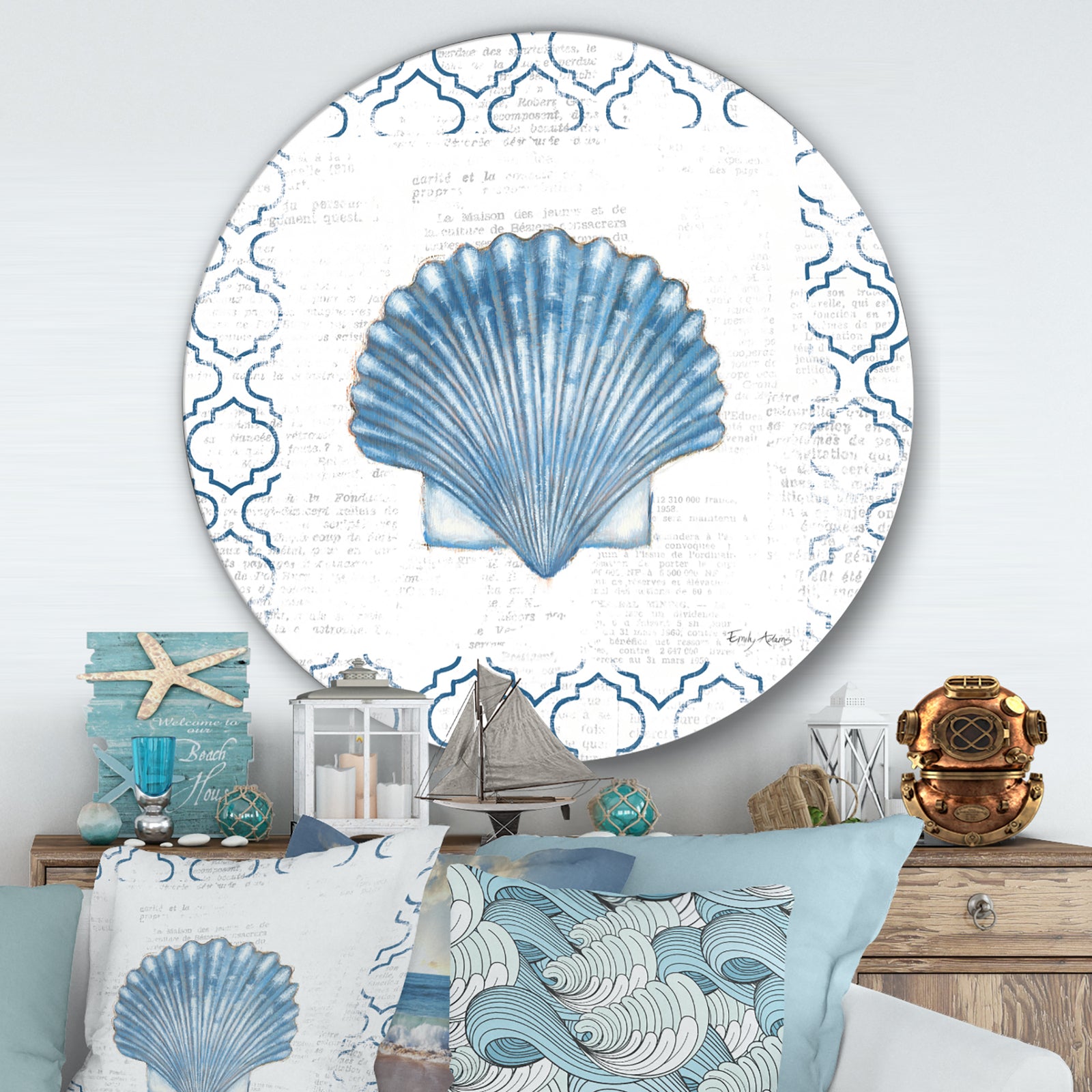Navy Blue Scallop Shell  - Nautical & Coastal Metal Circle Wall Art