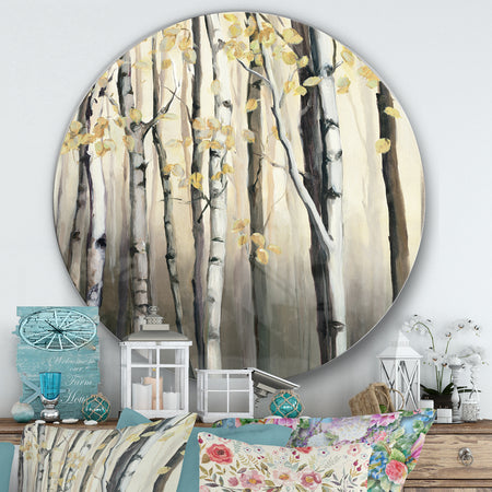 Golden Birch Forest IV - Farmhouse Metal Circle Wall Art