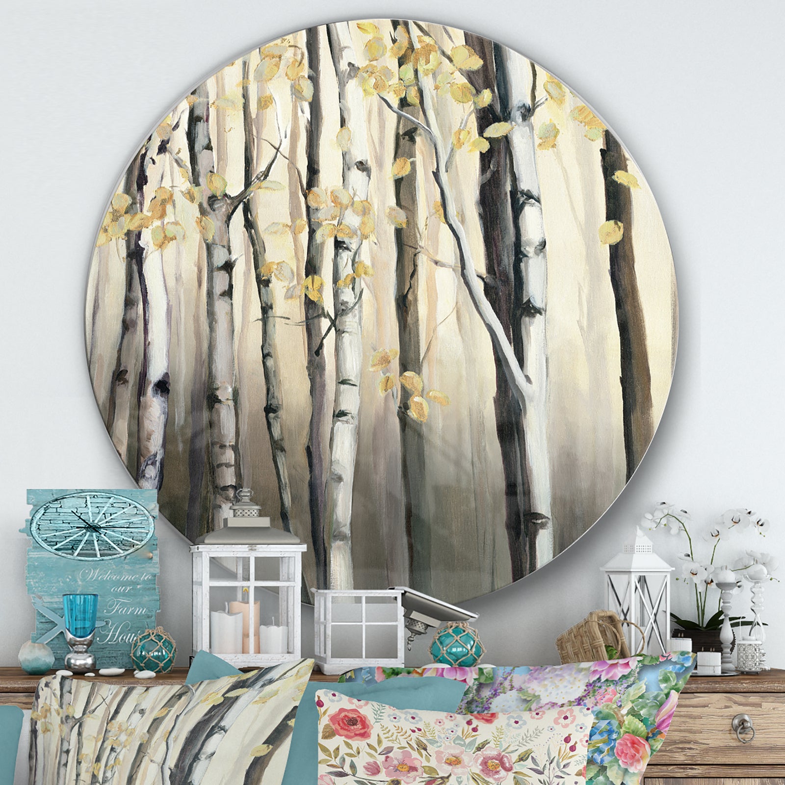 Golden Birch Forest IV - Farmhouse Metal Circle Wall Art