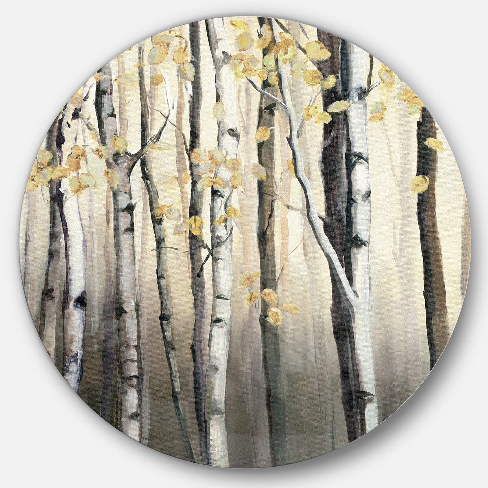 Golden Birch Forest IV - Farmhouse Metal Circle Wall Art