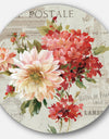 Red Painted Flowers on Vintage Postcard I - Farmhouse Metal Circle Wall Art