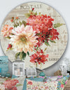Red Painted Flowers on Vintage Postcard I - Farmhouse Metal Circle Wall Art