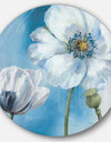 White Flower on Blue I - Farmhouse Metal Circle Wall Art