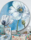 White Flower on Blue I - Farmhouse Metal Circle Wall Art