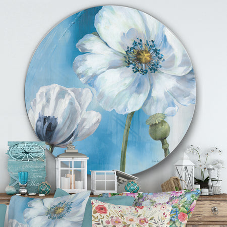 White Flower on Blue I - Farmhouse Metal Circle Wall Art
