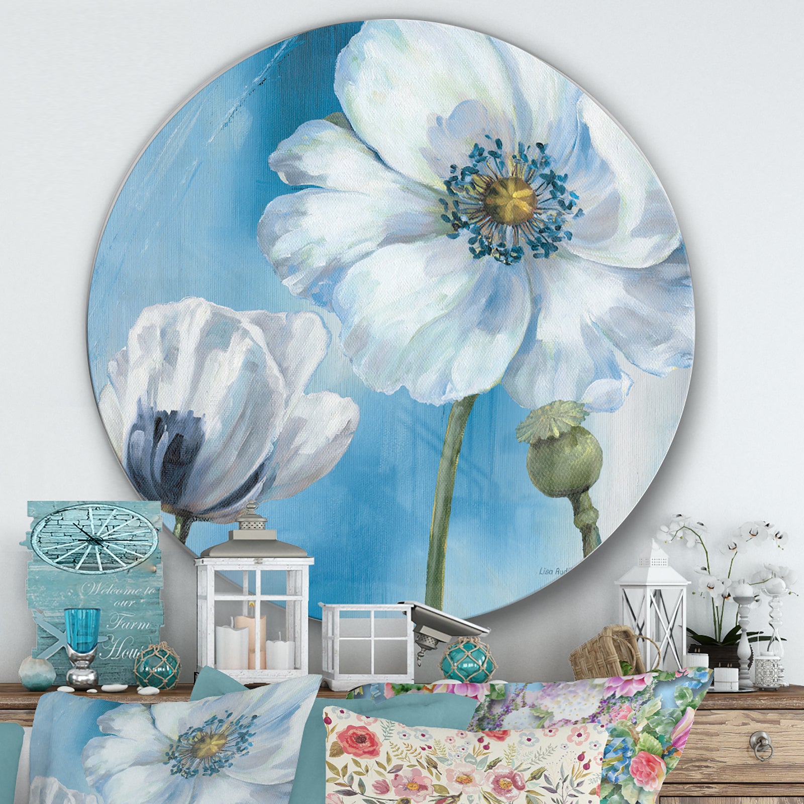 White Flower on Blue I - Farmhouse Metal Circle Wall Art