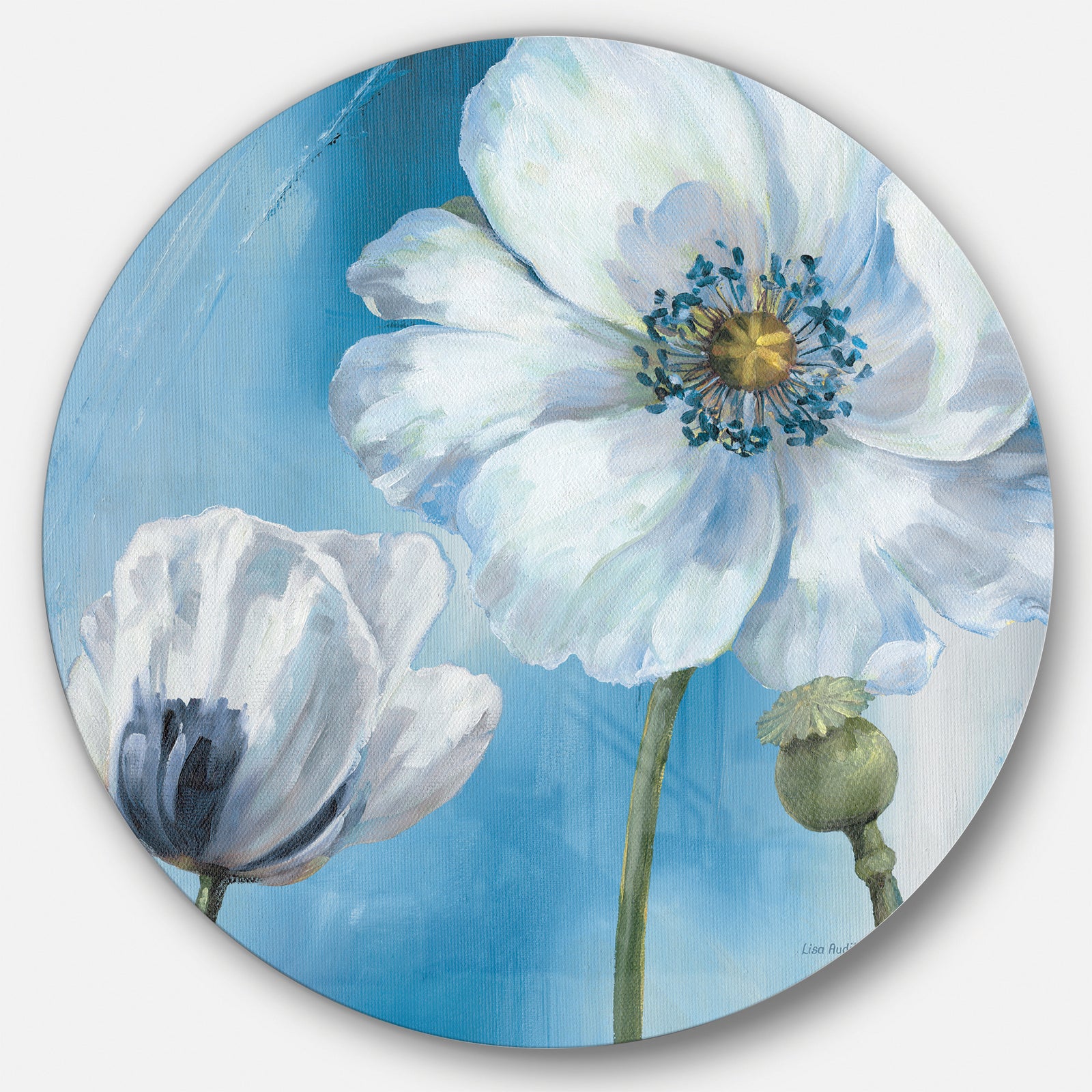 White Flower on Blue I - Farmhouse Metal Circle Wall Art