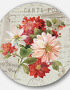 Red Painted Flowers on Vintage Postcard II - Farmhouse Metal Circle Wall Art