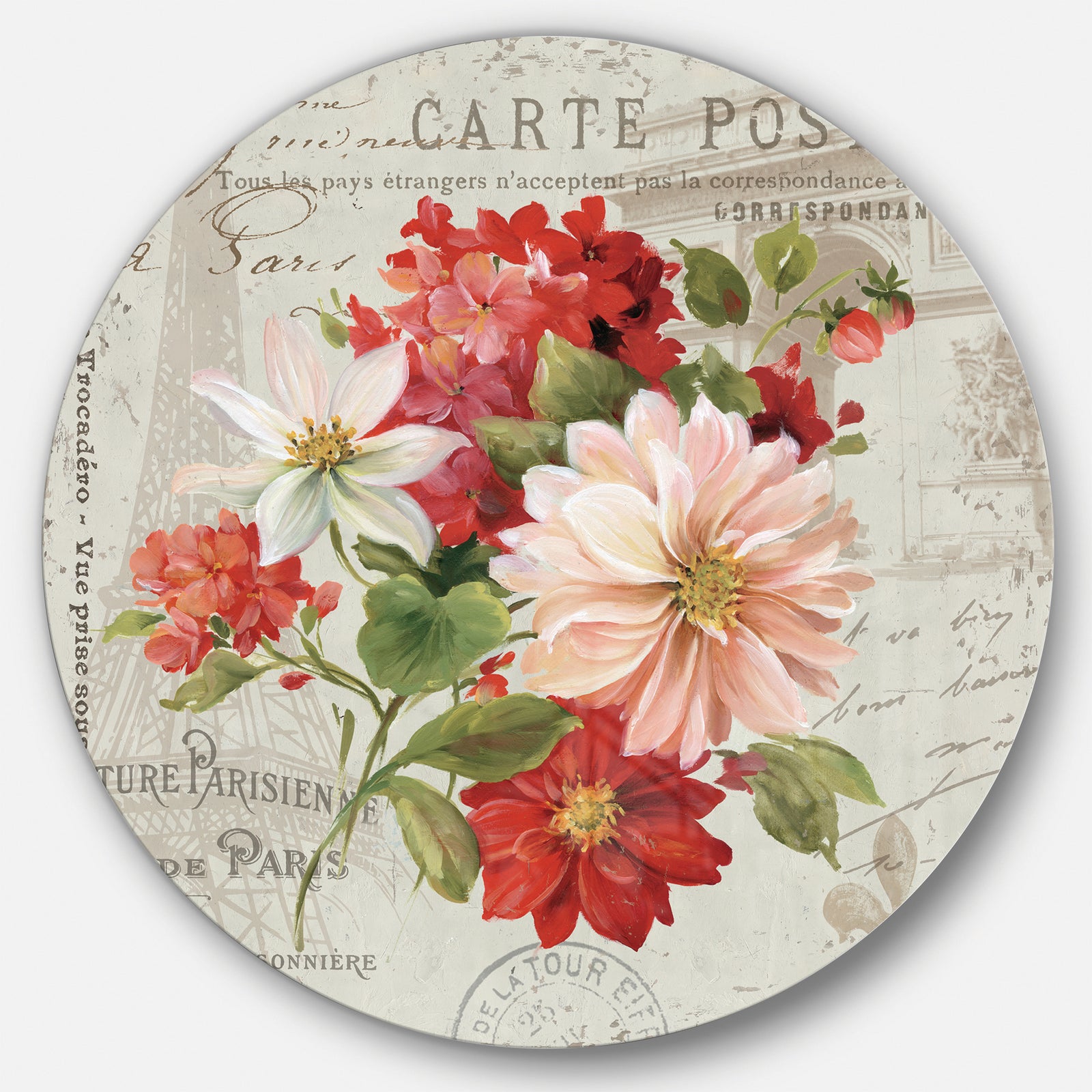 Red Painted Flowers on Vintage Postcard II - Farmhouse Metal Circle Wall Art