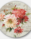 Red Painted Flowers on Vintage Postcard III - Farmhouse Metal Circle Wall Art