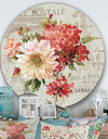 Red Painted Flowers on Vintage Postcard III - Farmhouse Metal Circle Wall Art