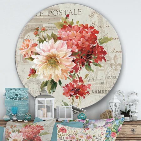 Red Painted Flowers on Vintage Postcard III - Farmhouse Metal Circle Wall Art