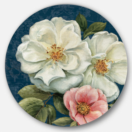 Blue Damask Flowers - Farmhouse Metal Circle Wall Art
