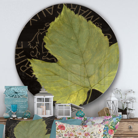 Porch & Den Handpainted Green Leaf On Black - Farmhouse Metal Circle Wall Art