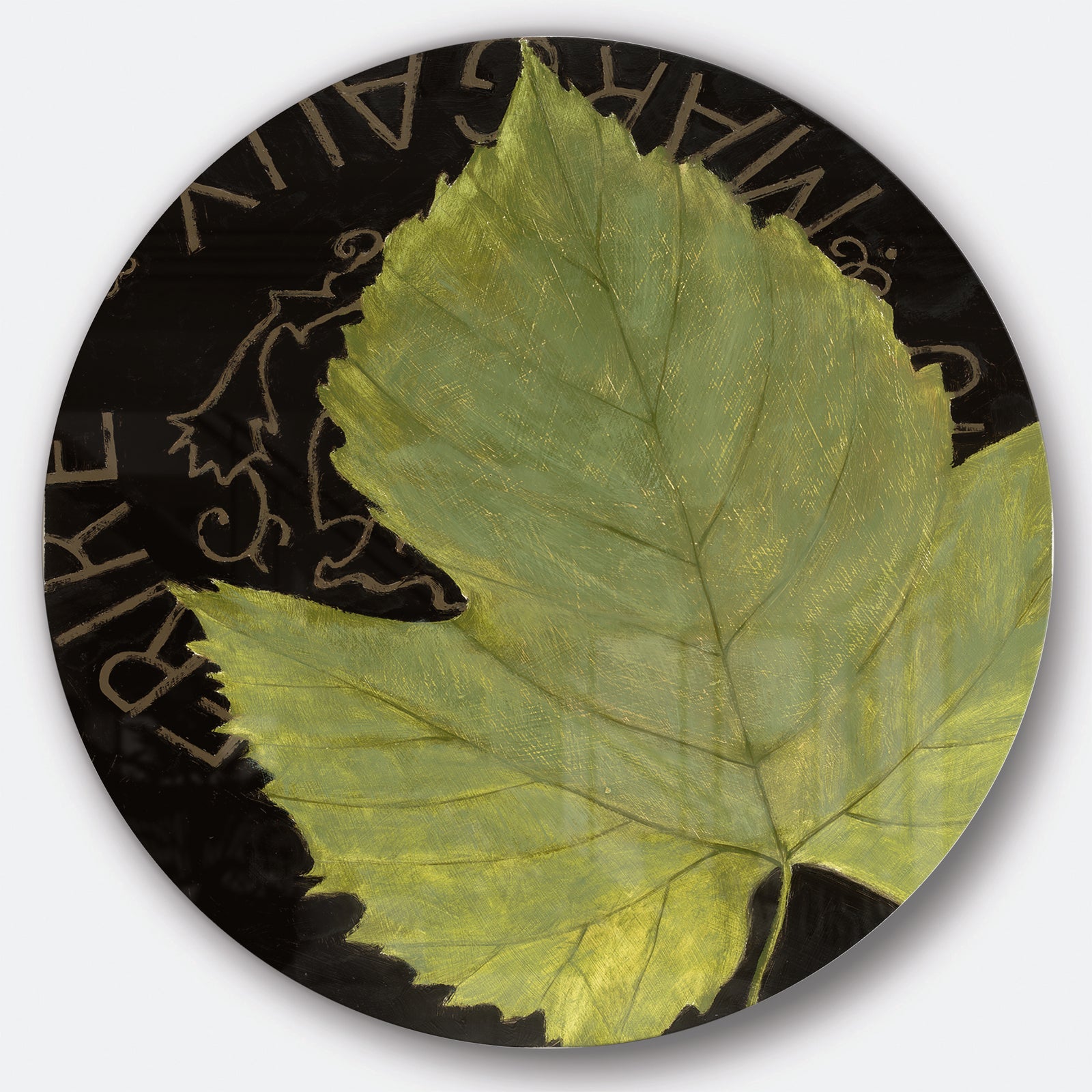 Porch & Den Handpainted Green Leaf On Black - Farmhouse Metal Circle Wall Art