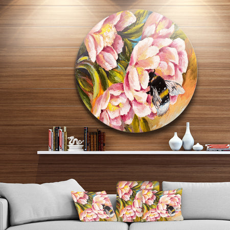 Bee Sitting On Flower - Floral Glossy Metal Wall Art