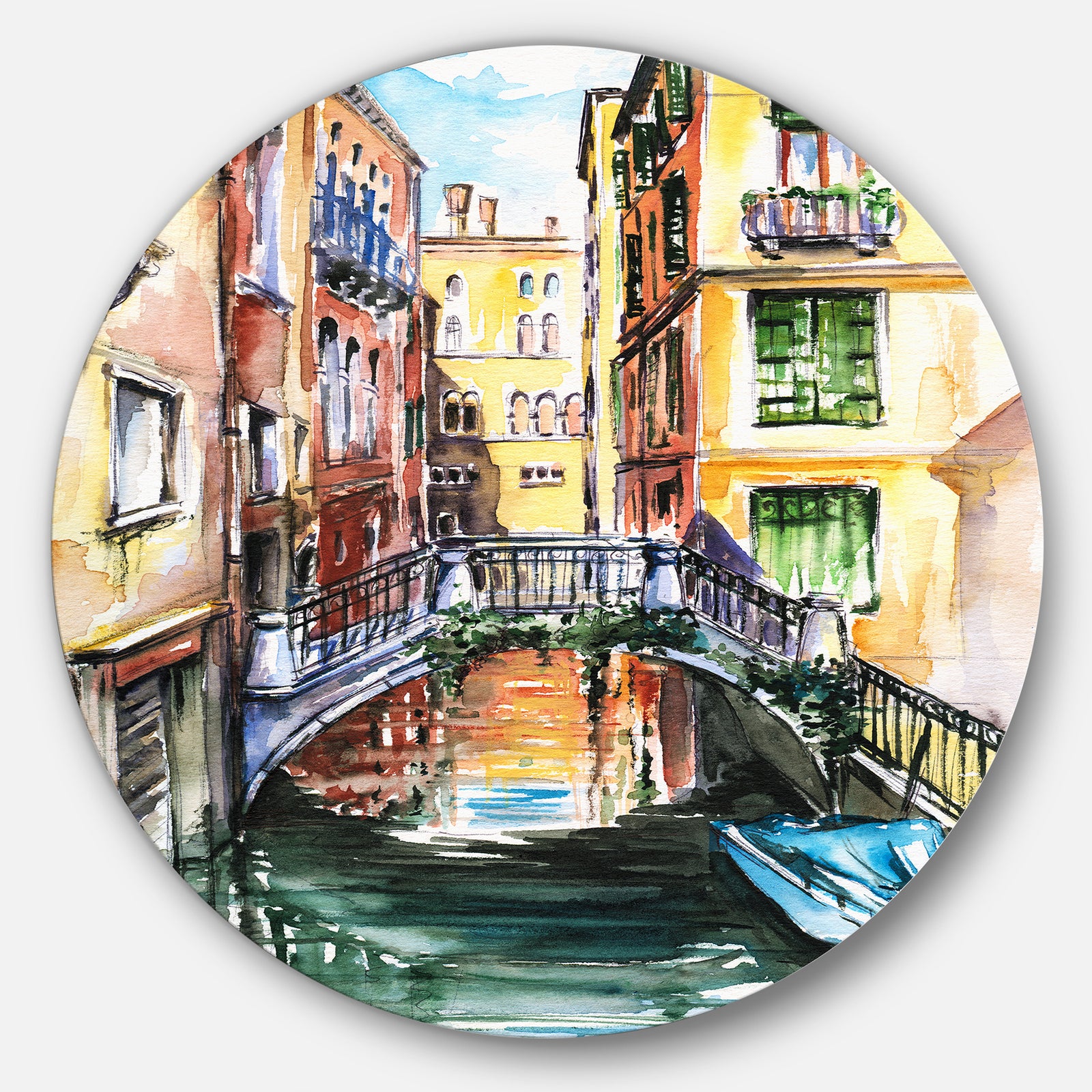 Venice, Canal Meeting Bridge - Cityscape Glossy Metal Wall Art