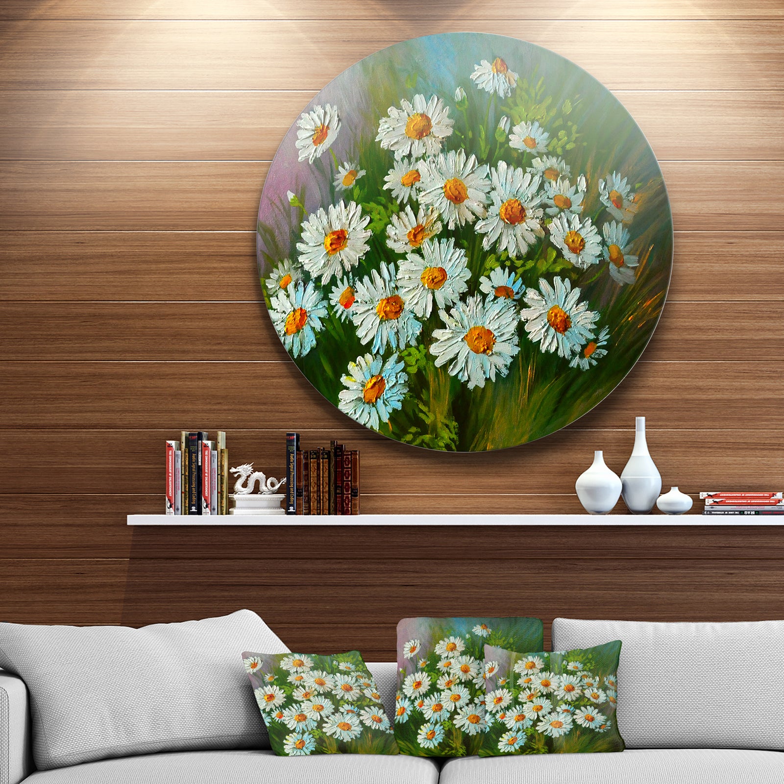 Heavily Textured Daisies Art - Floral Glossy Large Disk Metal Wall Art