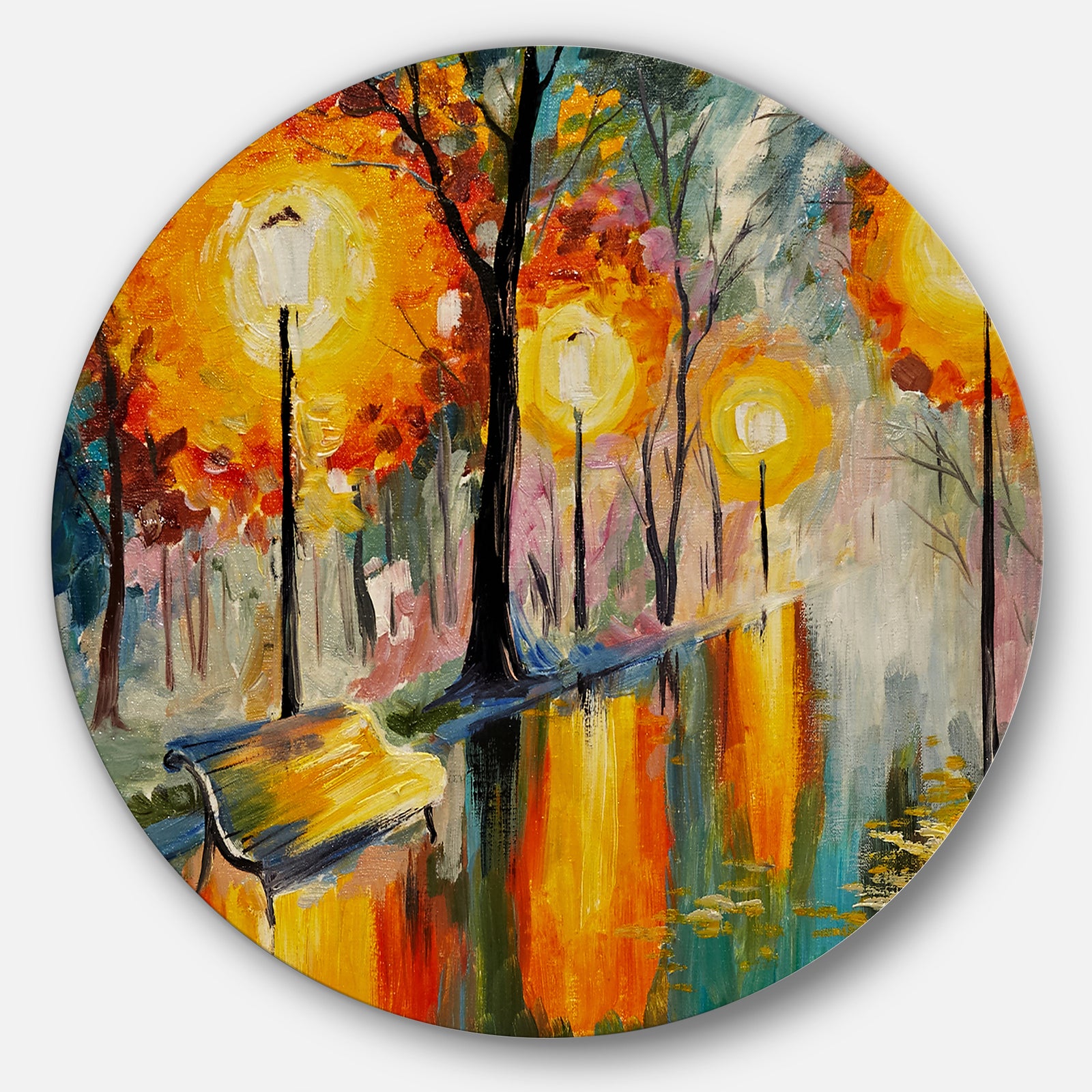 Street in Autumn - Landscape Glossy Large Disk Metal Wall Art
