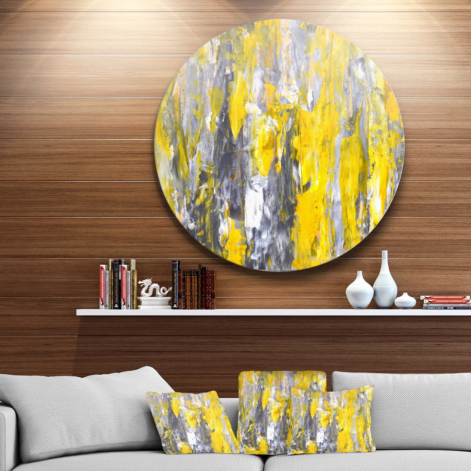 Grey and Yellow Abstract Pattern - Abstract Glossy Large Circle Metal Wall Art