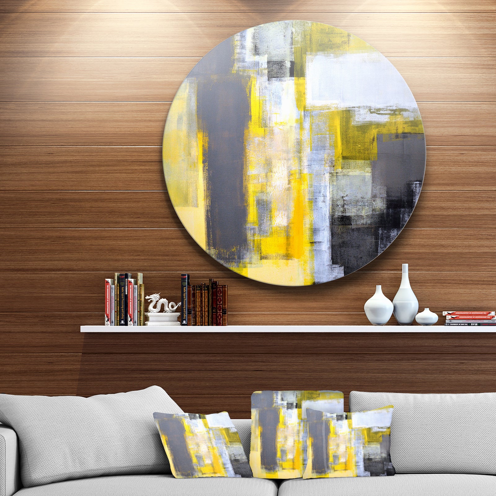 Grey and Yellow Blur Abstract - Abstract Glossy Large Circle Metal Wall Art