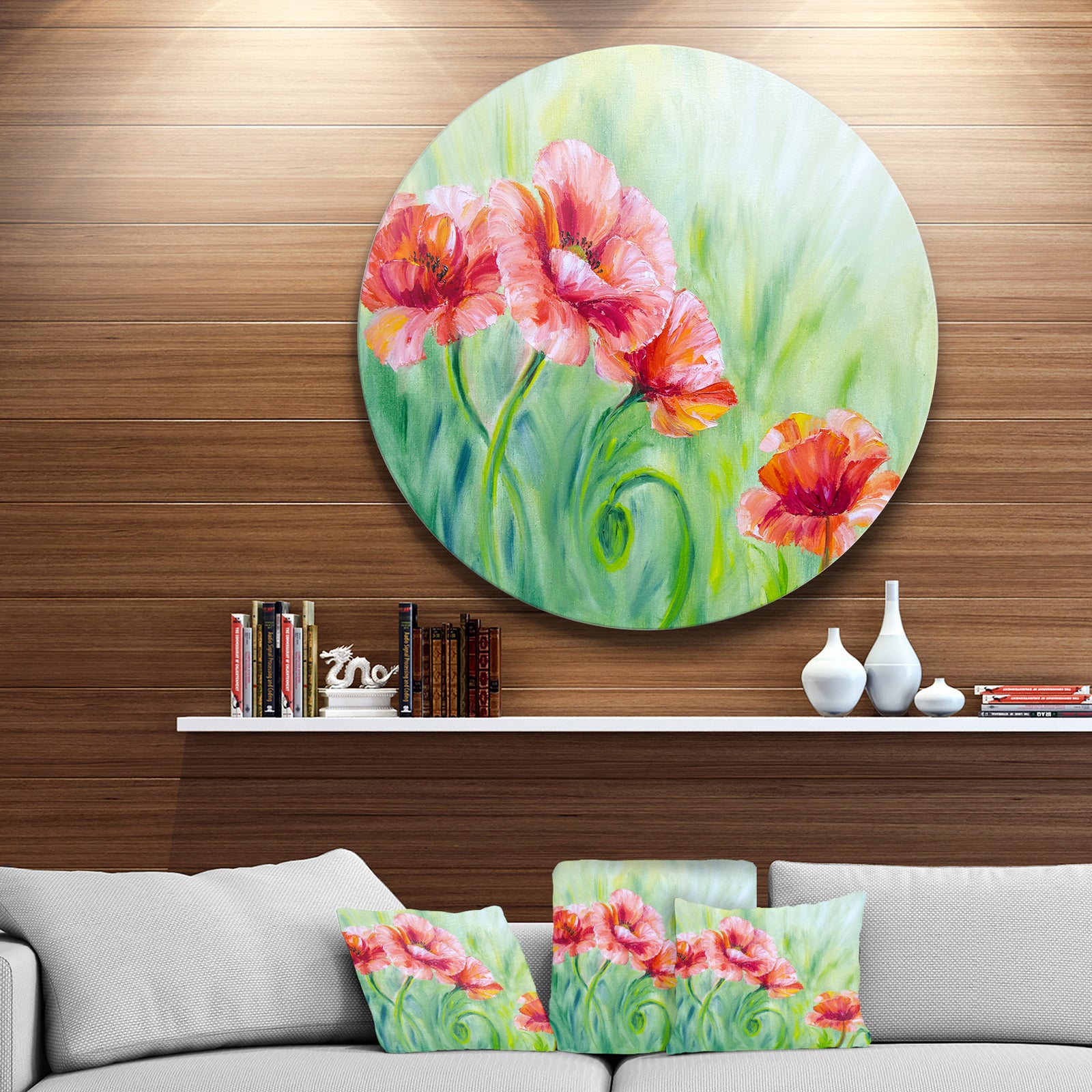 Pale Red Poppies - Floral Glossy Large Disk Metal Wall Art