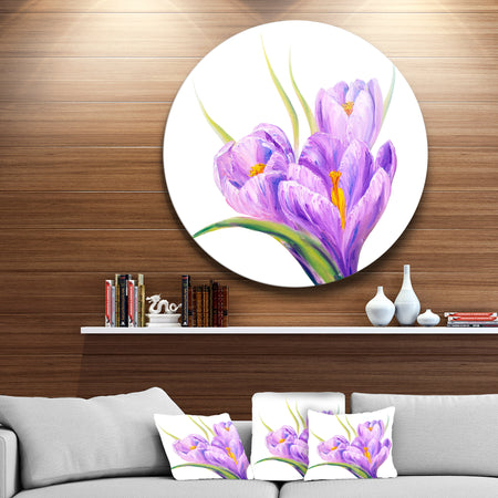 Crocuses in White Background - Floral Glossy Large Disk Metal Wall Art