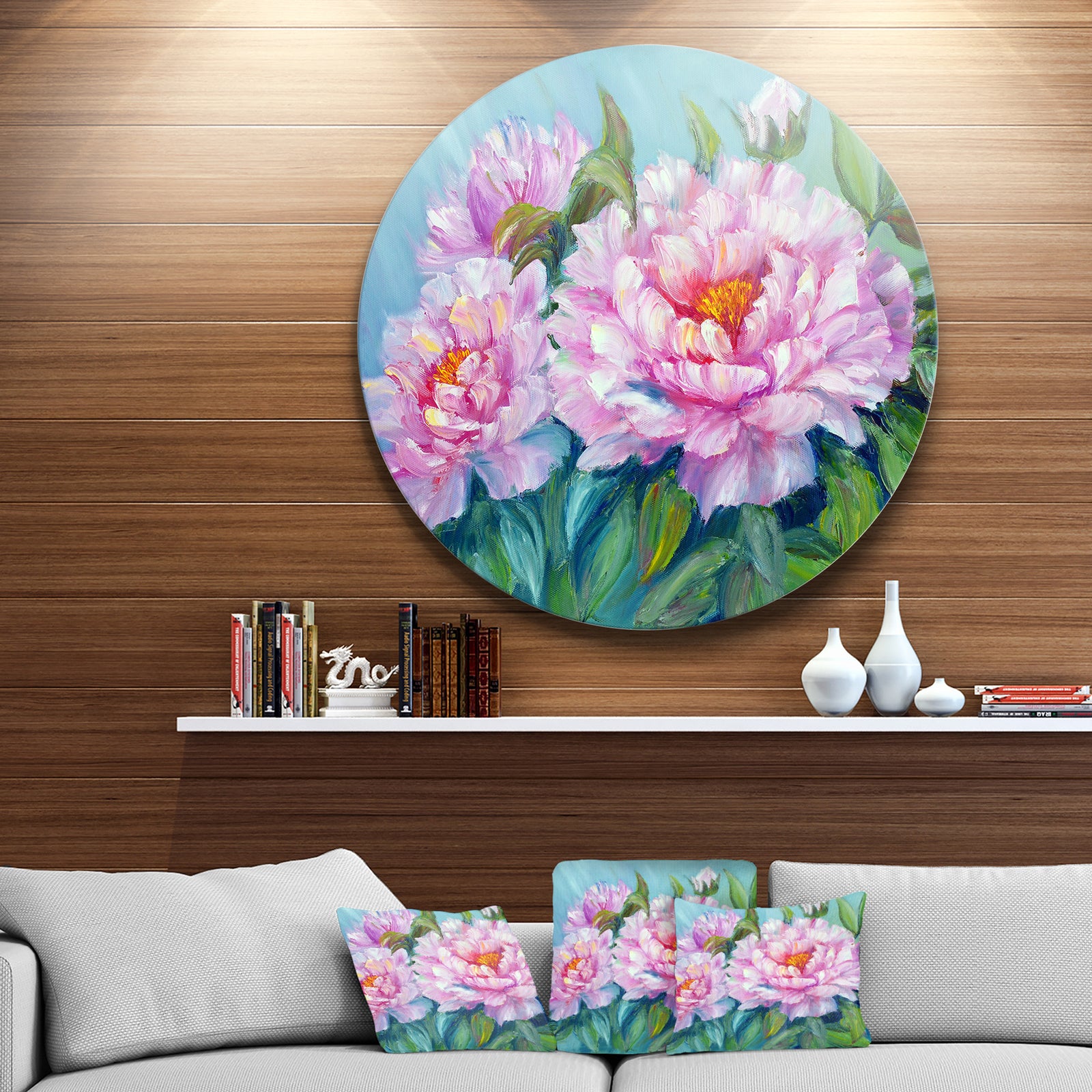 Pink Peonies - Floral Glossy Large Disk Metal Wall Art