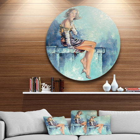 Girl with Glass - Portrait Glossy Large Disk Metal Wall Art