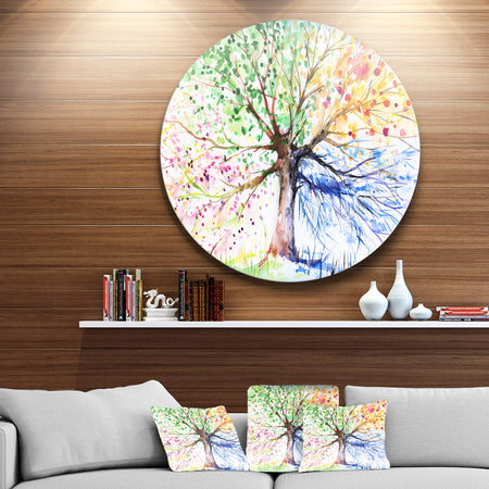 Four Seasons Tree - Floral Glossy Large Disk Metal Wall Art