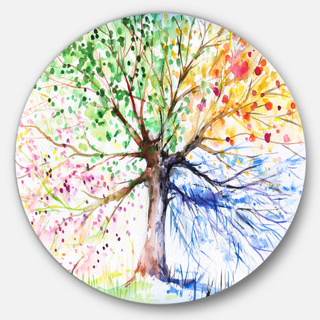 Four Seasons Tree - Floral Glossy Large Disk Metal Wall Art