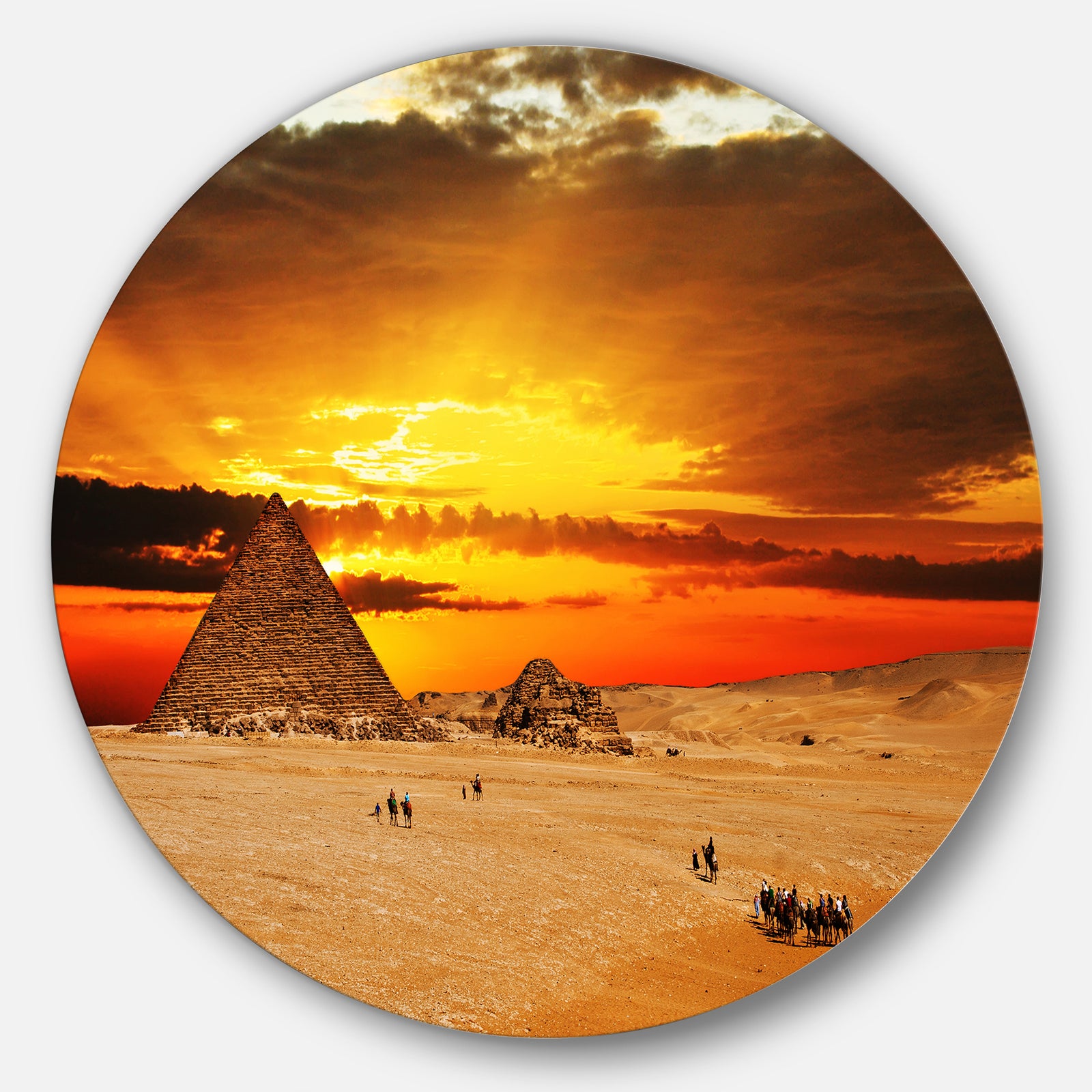 Camel Caravan at Sunset - Landscape Photo Round Metal Wall Art