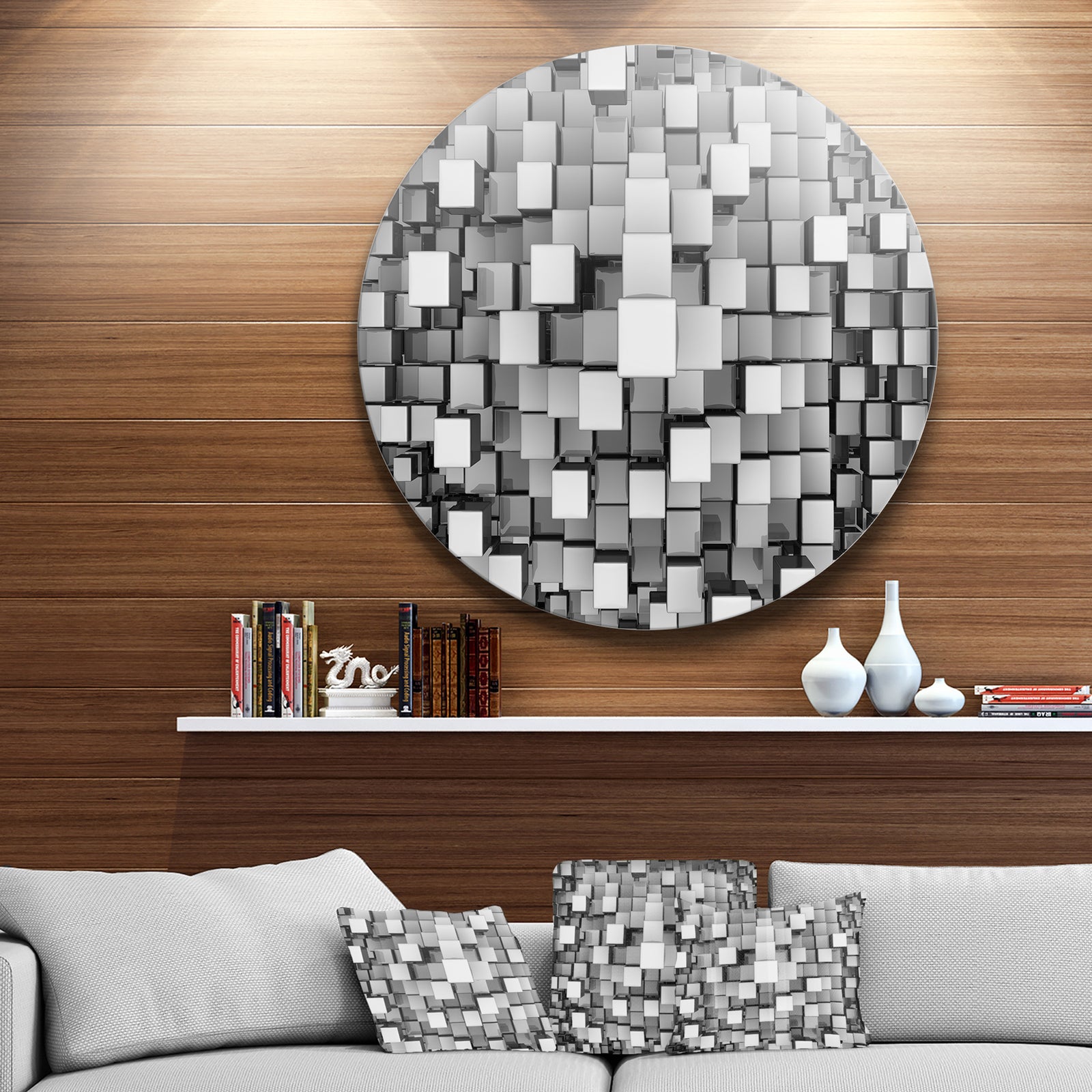 Black and Grey Cubes - Contemporary Round Metal Wall Art
