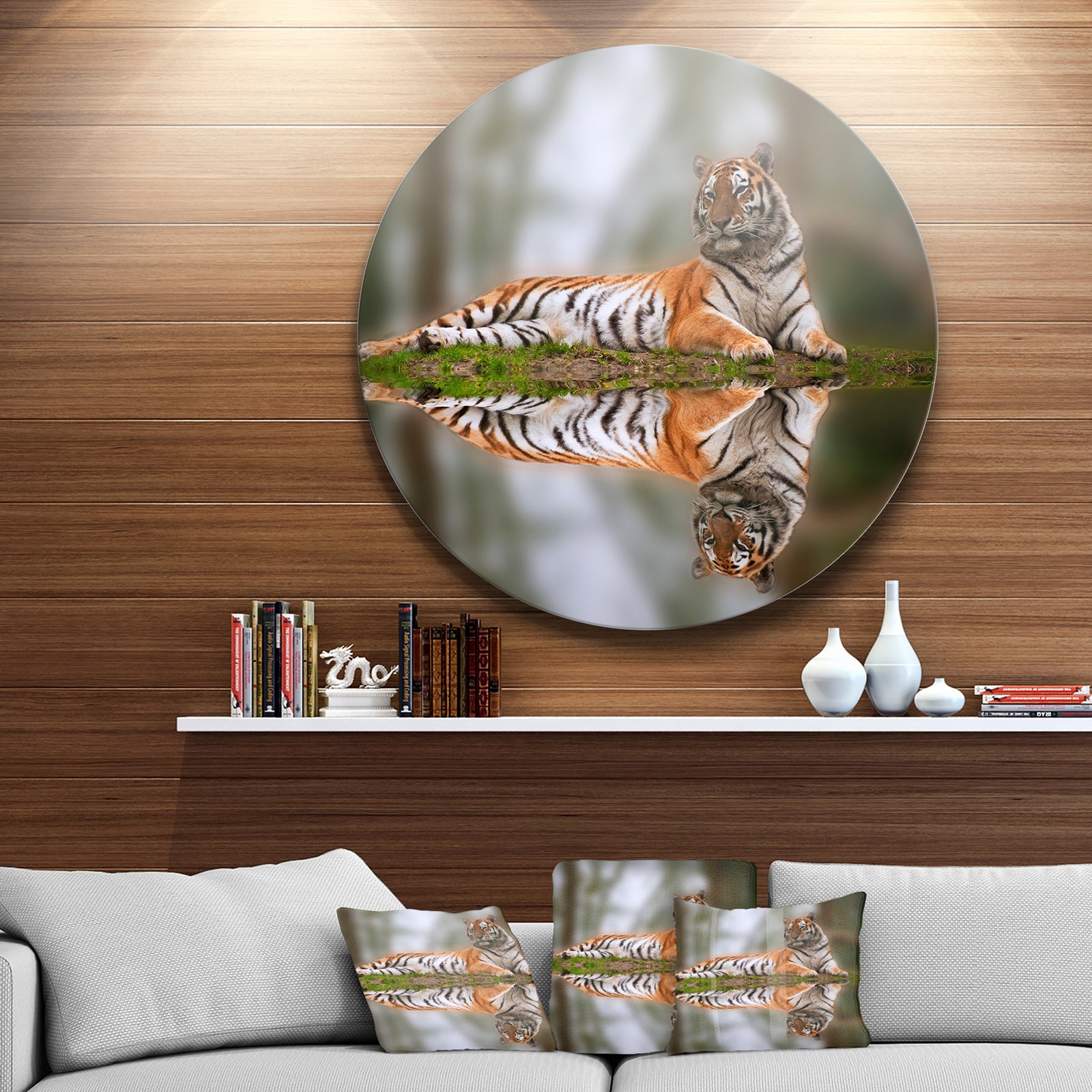 Tiger Reflecting in Water - Animal Photography Round Wall Art