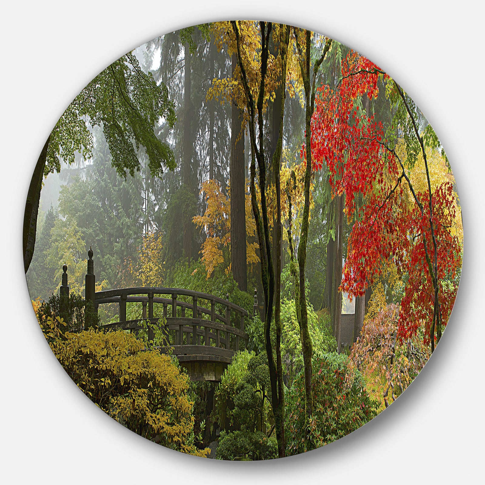 Japanese Wooden Bridge in Fall - Photo Disc Metal Wall Art
