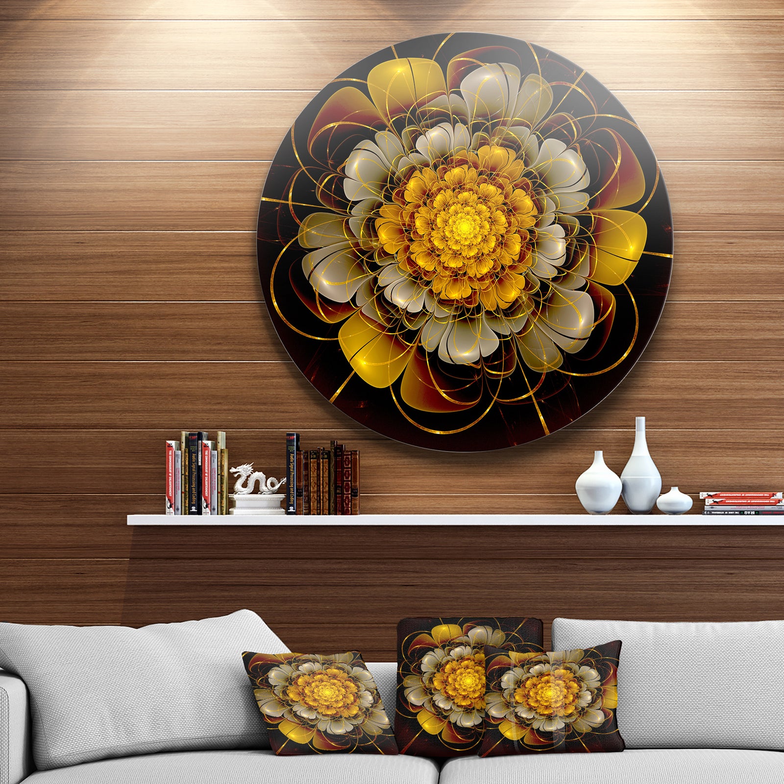Dark Gold Fractal Flower - Digital Art Disc Metal Artwork