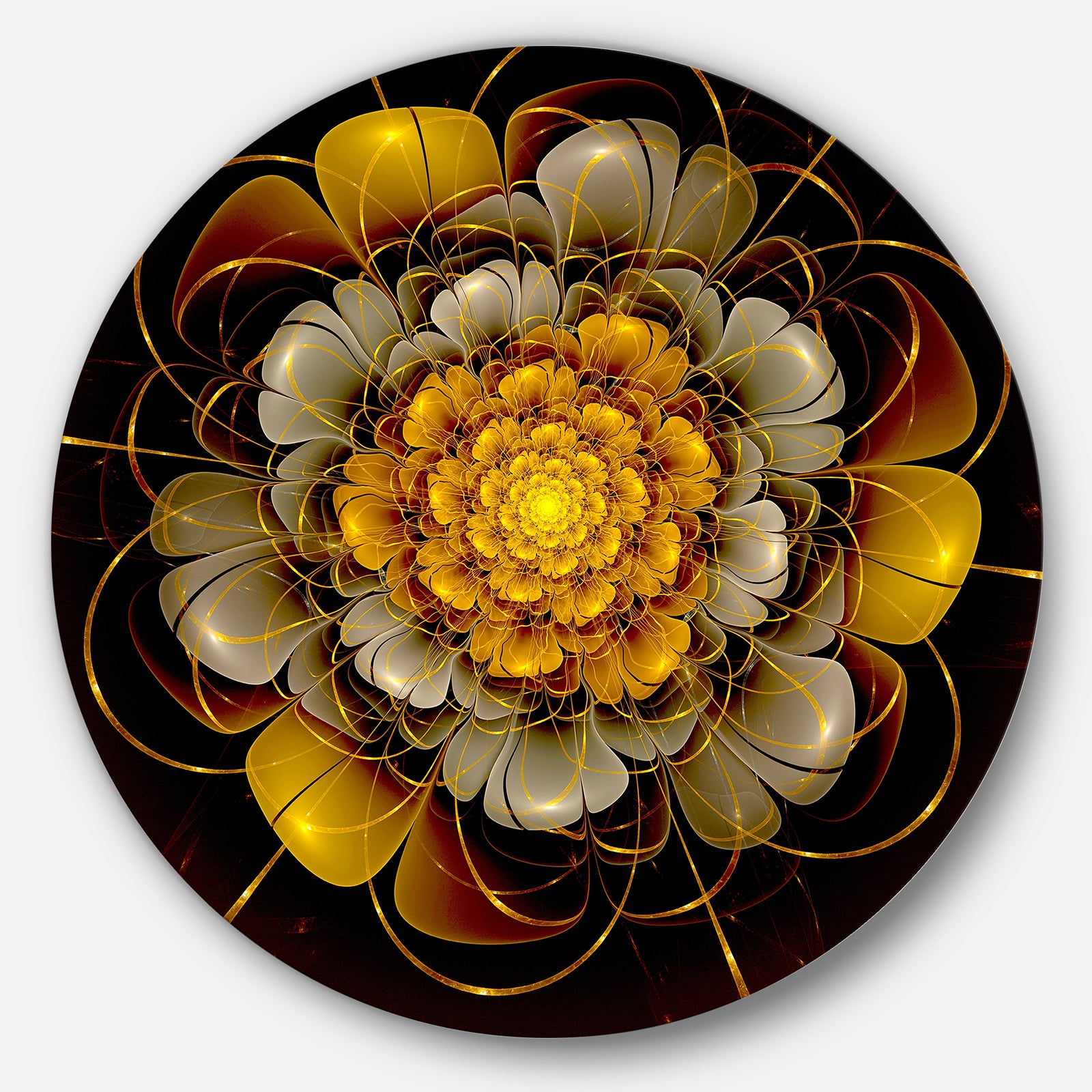 Dark Gold Fractal Flower - Digital Art Disc Metal Artwork