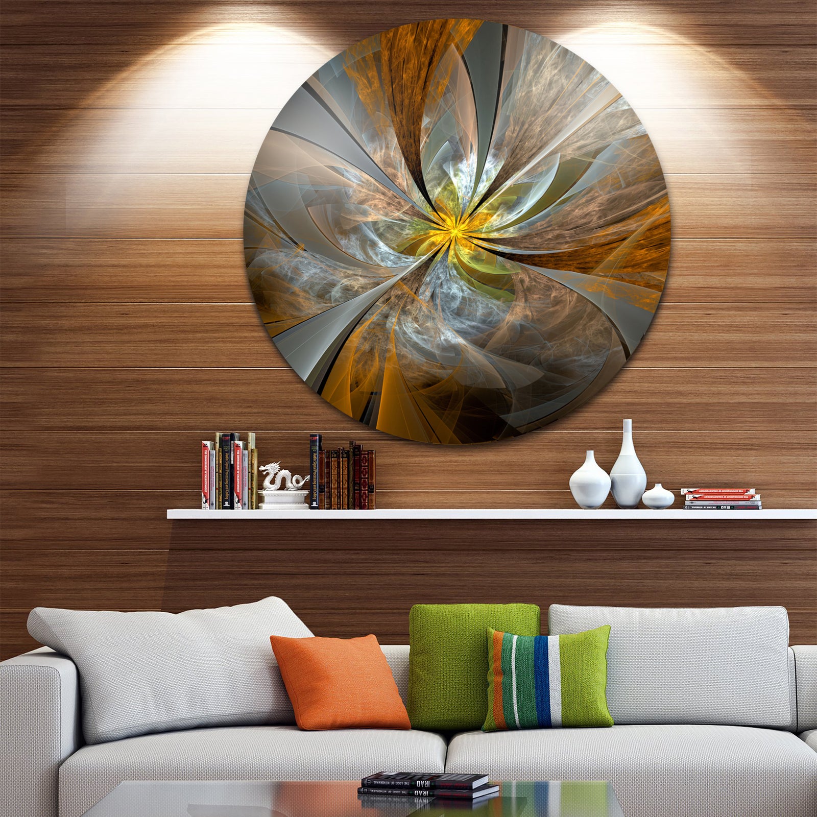 Symmetrical Yellow Fractal Flower - Digital Art Circle Metal Artwork