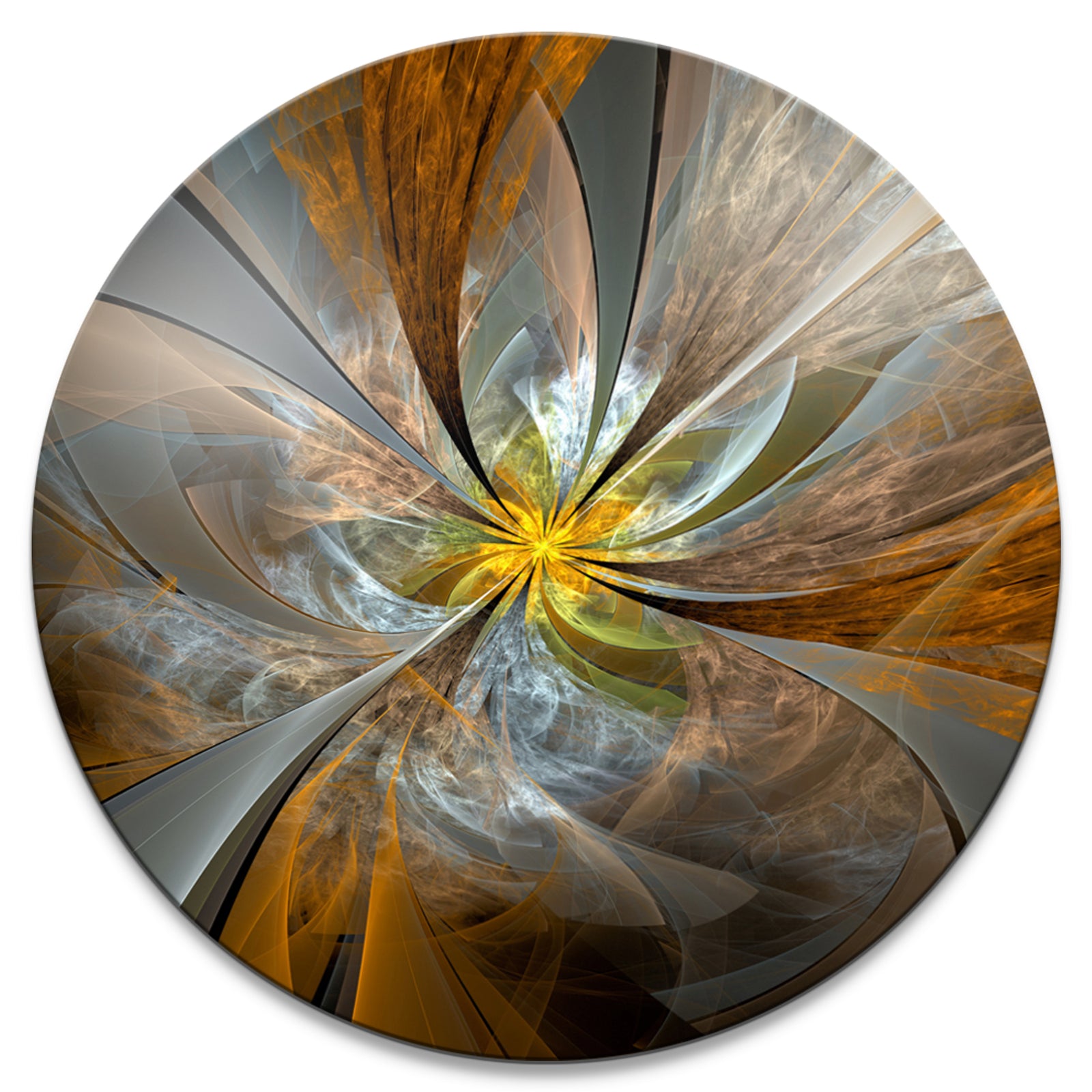 Symmetrical Yellow Fractal Flower - Digital Art Circle Metal Artwork