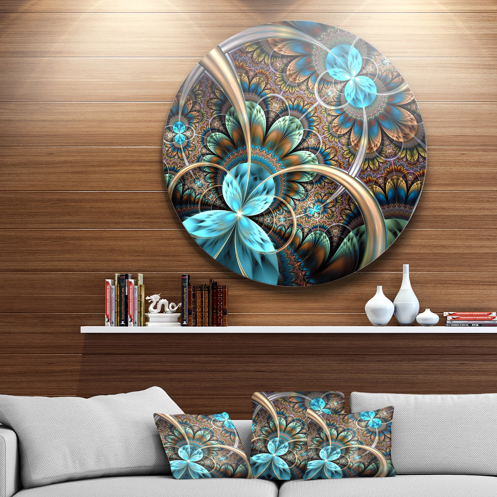Light Blue Fractal Flower - Digital Art Floral Circle Wall Art