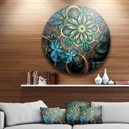 Lighted Blue Fractal Blue Flowers - Digital Art Floral Disc Metal Artwork
