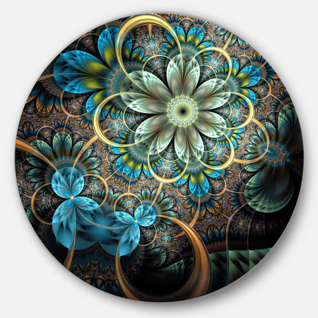 Lighted Blue Fractal Blue Flowers - Digital Art Floral Disc Metal Artwork