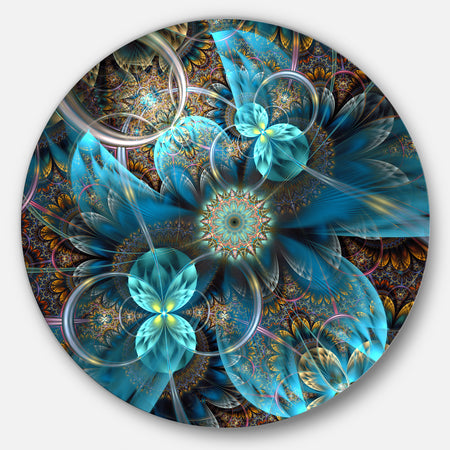 Fractal Blue Flowers - Digital Art Floral Round Wall Art