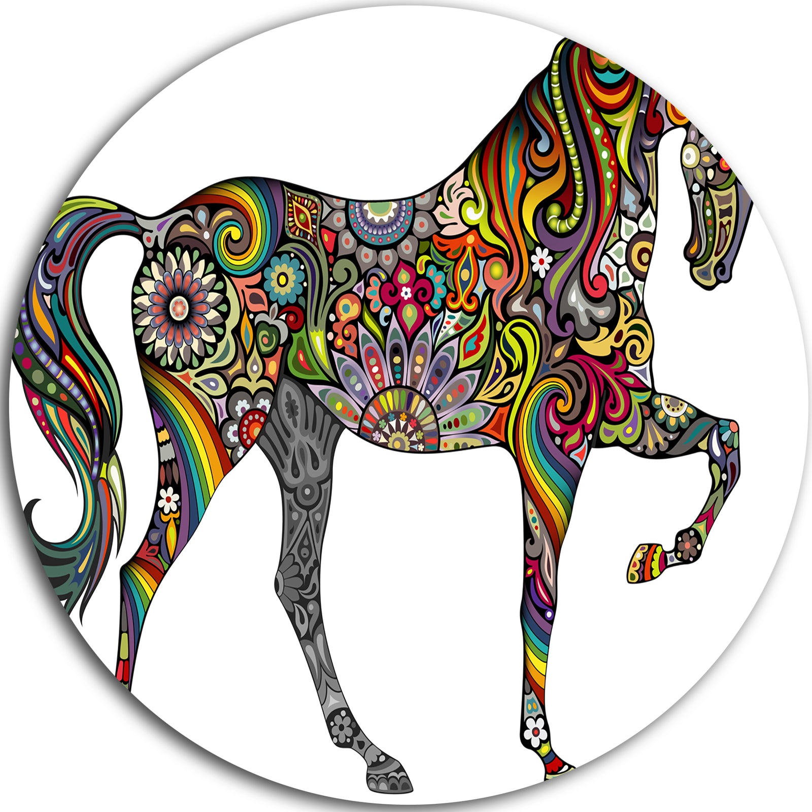 Rainbow Patterned Horse - Animal Digital Art Large Disc Metal Wall art