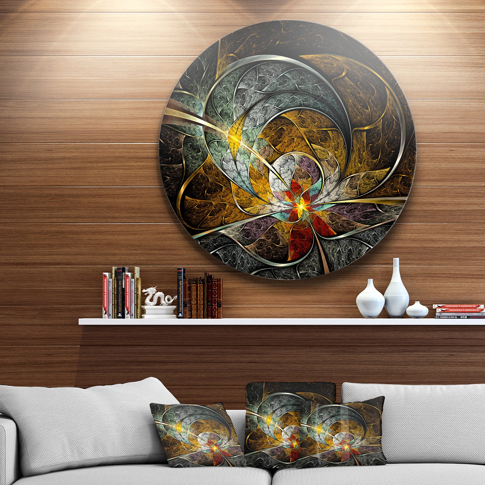 Symmetrical Yellow Digital Art Flower - Floral Art Round Metal Wall Art
