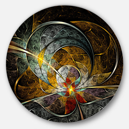 Symmetrical Yellow Digital Art Flower - Floral Art Round Metal Wall Art