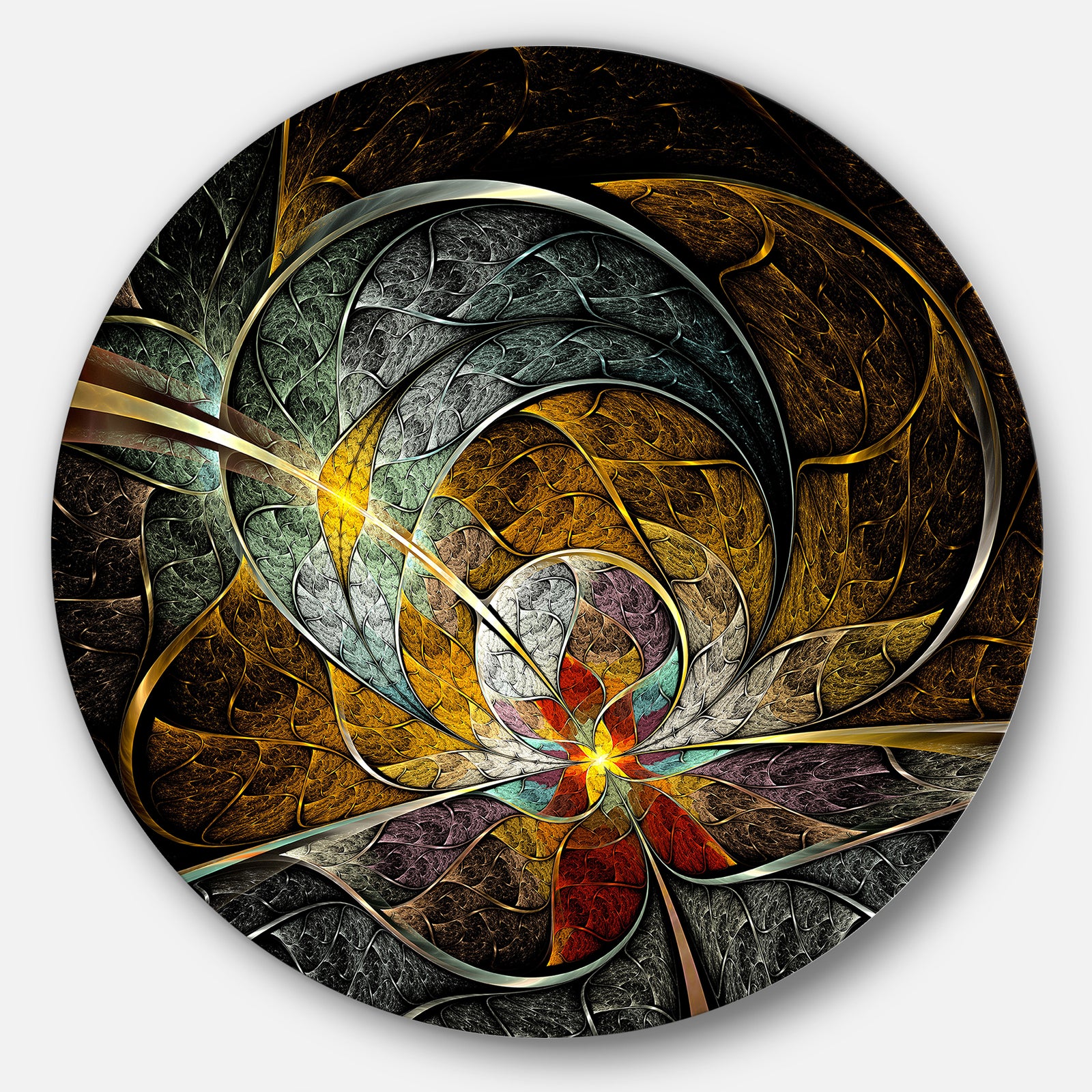 Symmetrical Yellow Digital Art Flower - Floral Art Round Metal Wall Art